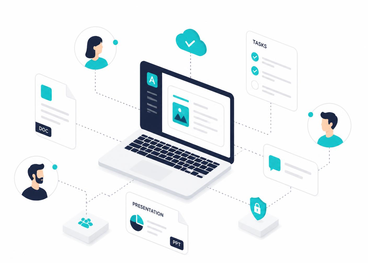 Illustration digitaler Zusammenarbeit mit Dokumenten, Aufgabenlisten und Teammitgliedern